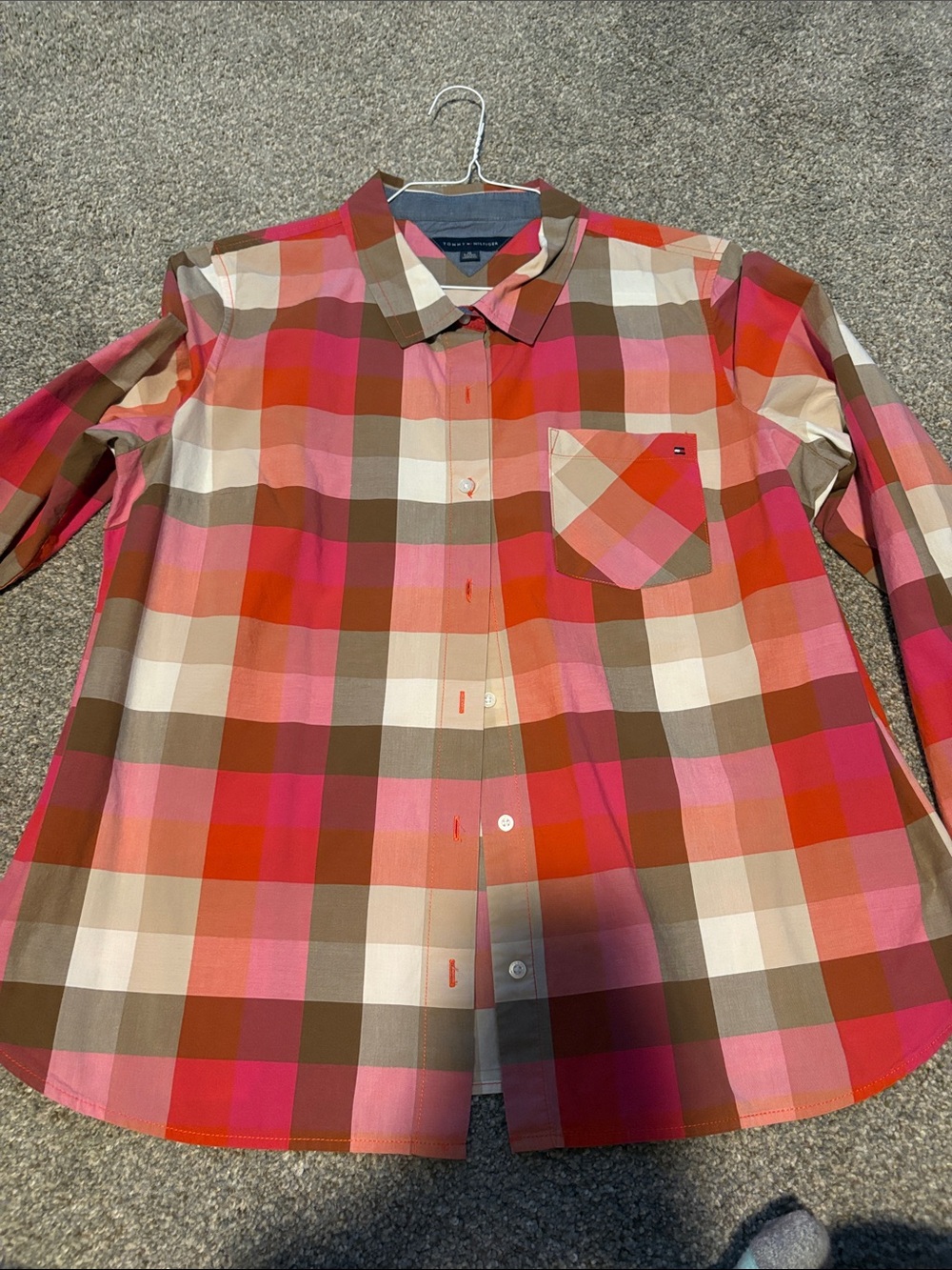 Tommy Hilfiger Pink & Brown Plaid Casual Button-Down Shirt